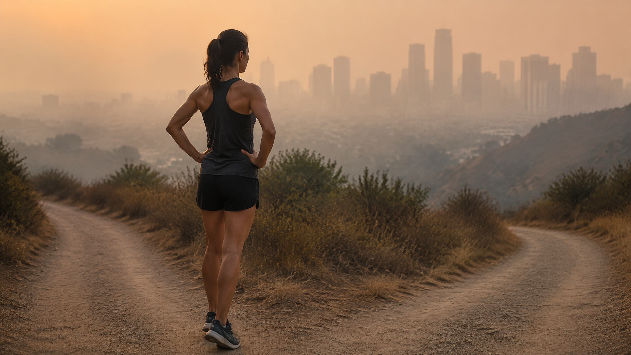 Runner paused on a hazy outdoor path deciding whether to run in poor air quality
