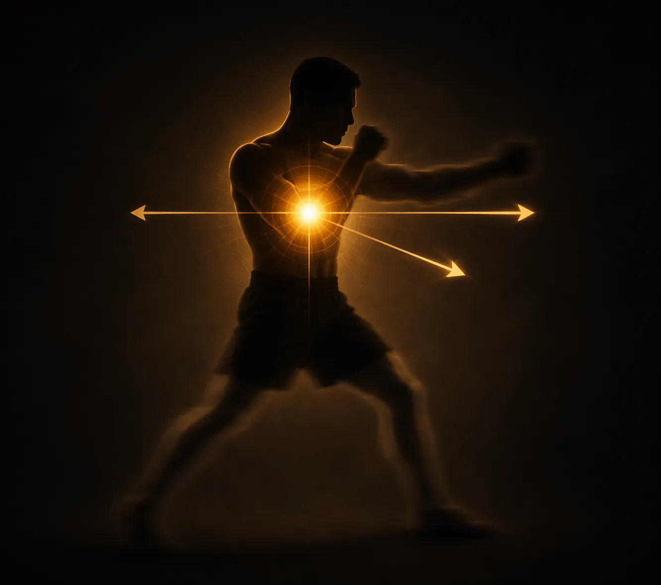 Fighter silhouette with the center of the chest highlighted and arrows showing weight shifts