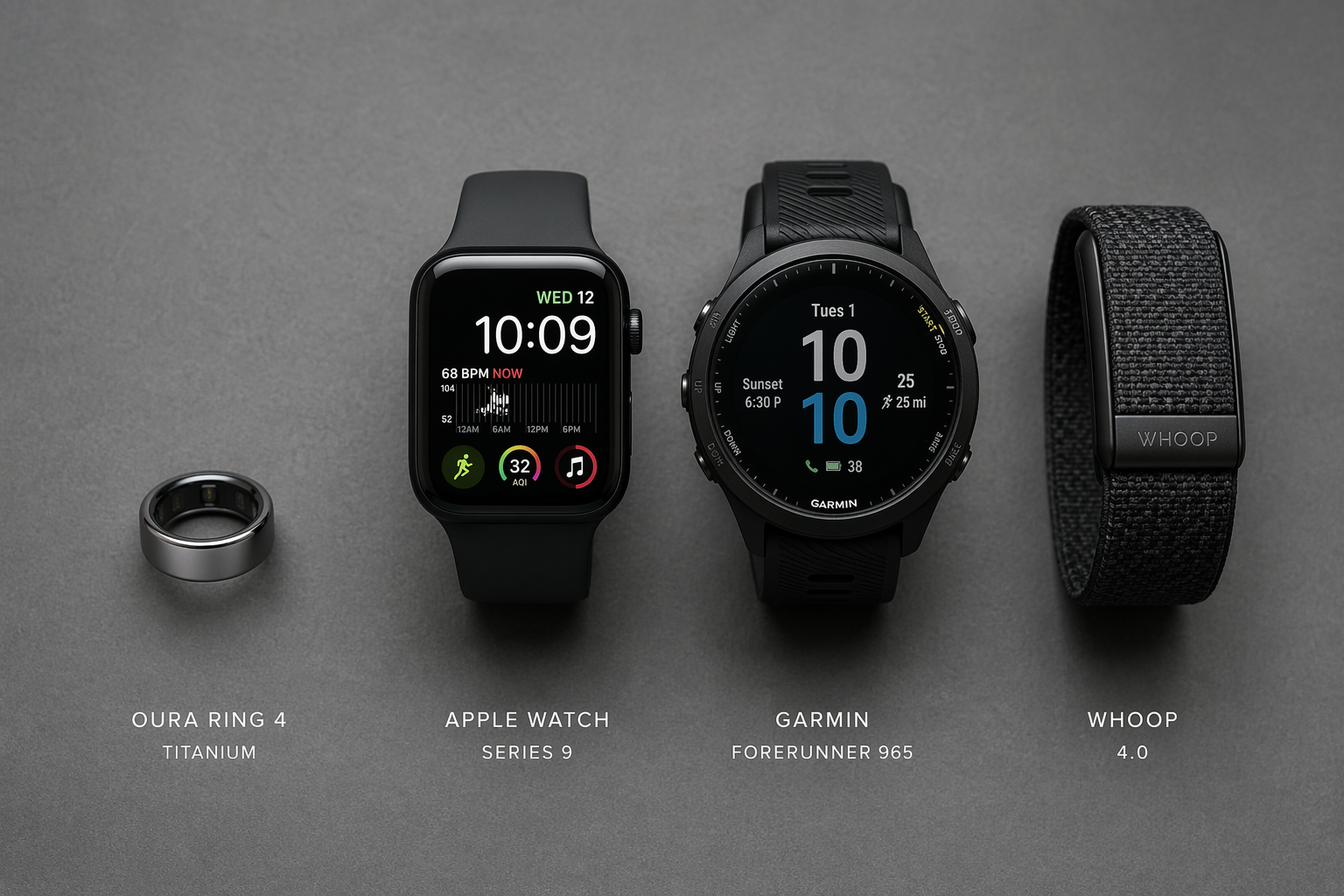 Flat-lay product photography showing four wearable devices in a row: Oura Ring, Apple Watch, Garmin Forerunner, Whoop band, with Oura slightly separated.