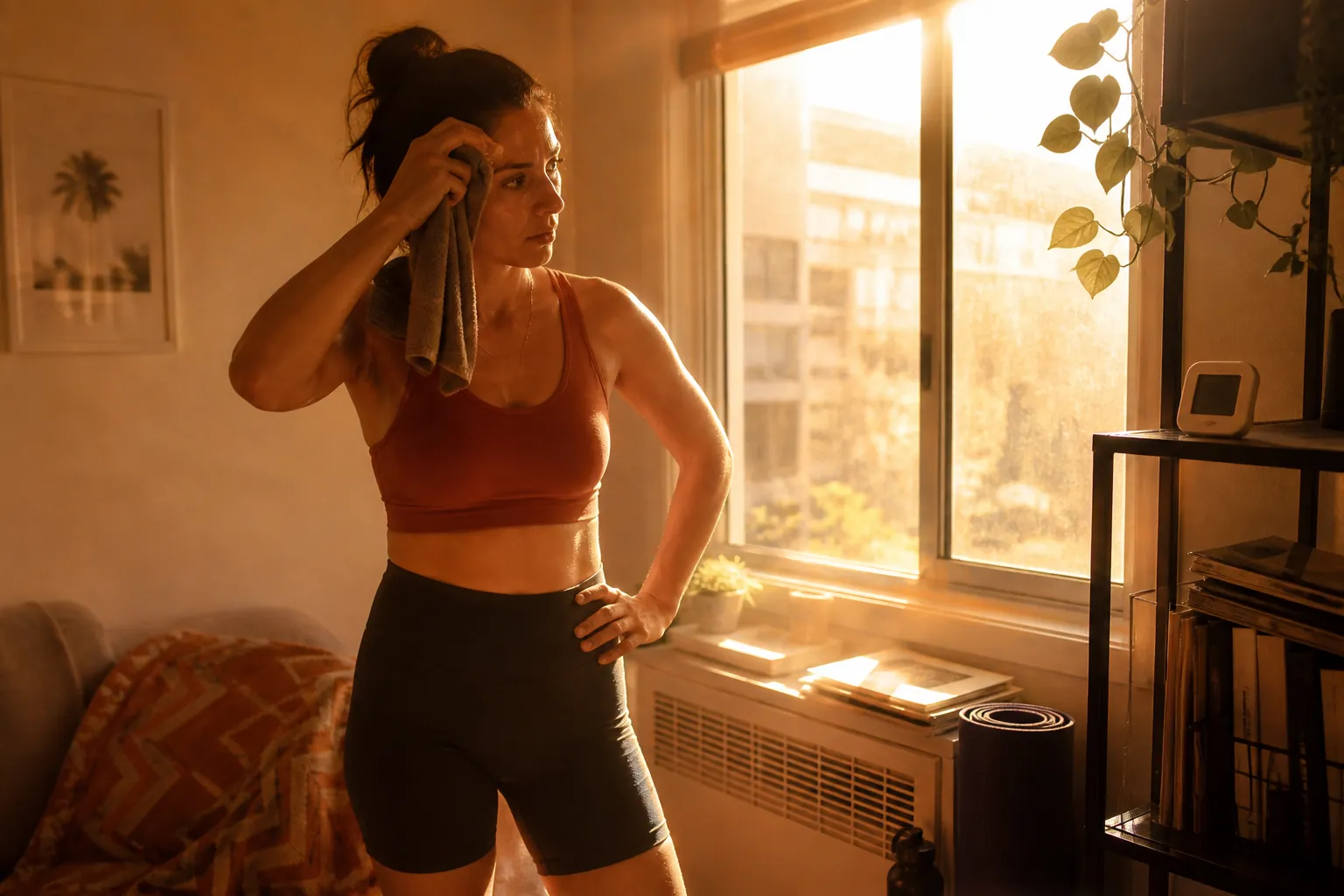 Person in workout clothes in a cramped sunlit apartment corner checking a digital thermometer-hygrometer