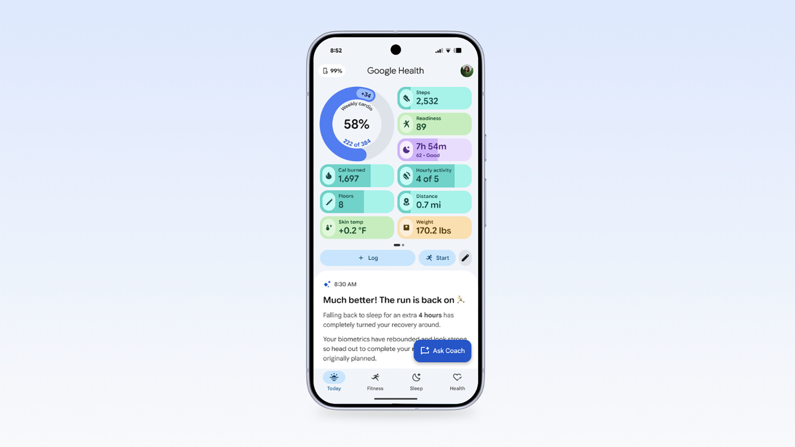 Screenshot of the Google Health app interface on a smartphone, showing the redesigned dashboard with health metric tiles for daily activity, heart rate, and sleep tracking cards in the new layout that replaced the Fitbit app in May 2026.