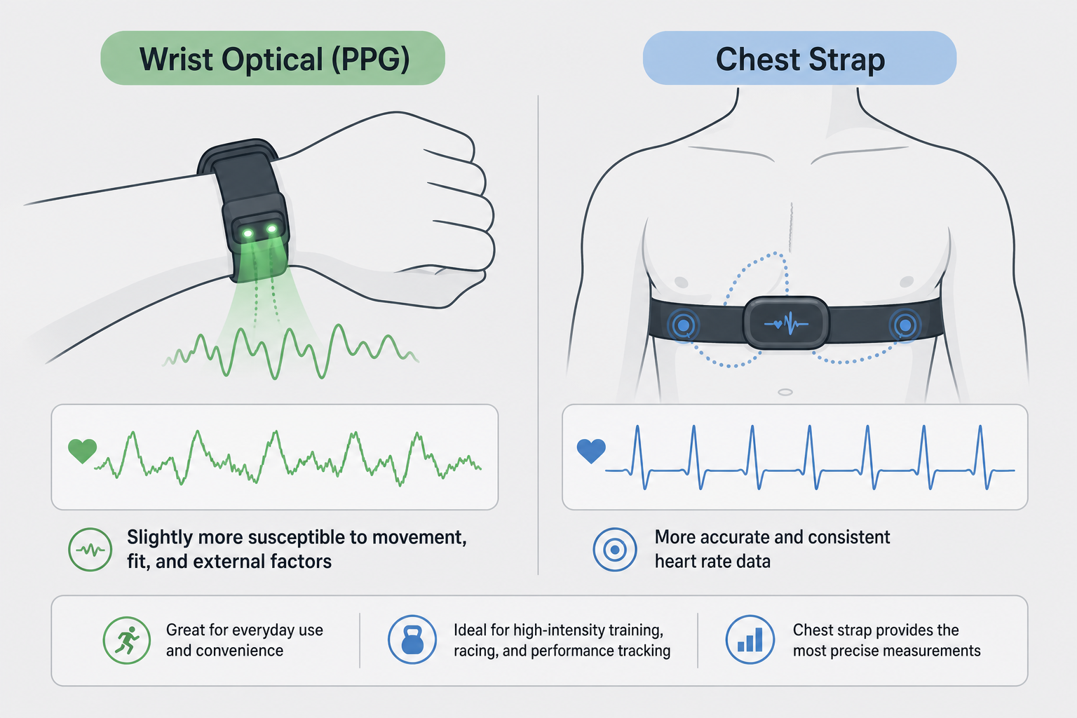 Split-panel diagram comparing wrist optical PPG heart rate sensing (showing a noisy signal line) with chest strap sensing (showing a clean, steady signal line).