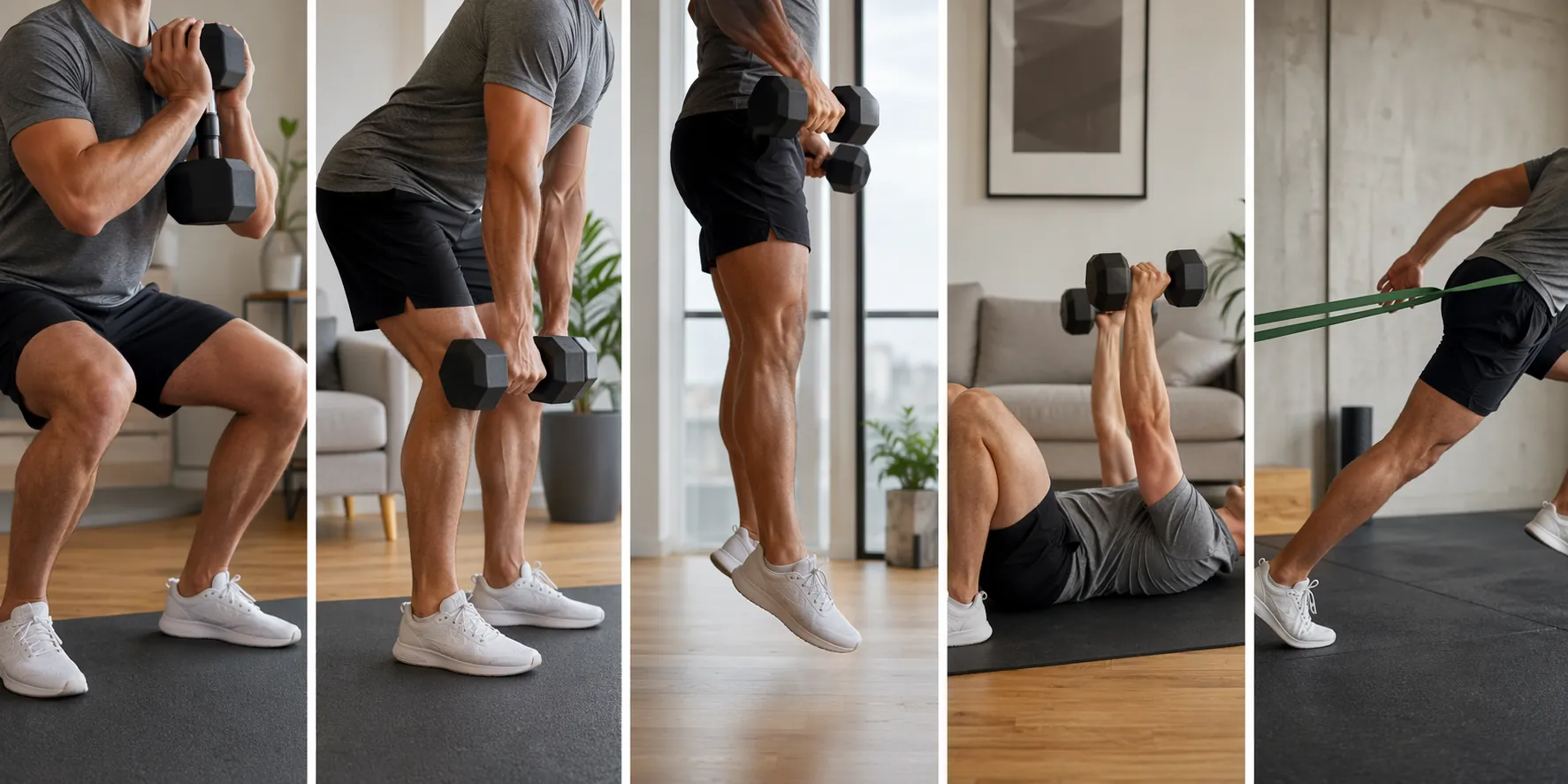Five home-gym exercise vignettes showing squat, hinge, explosive pull, press, and resisted sprint work in an apartment