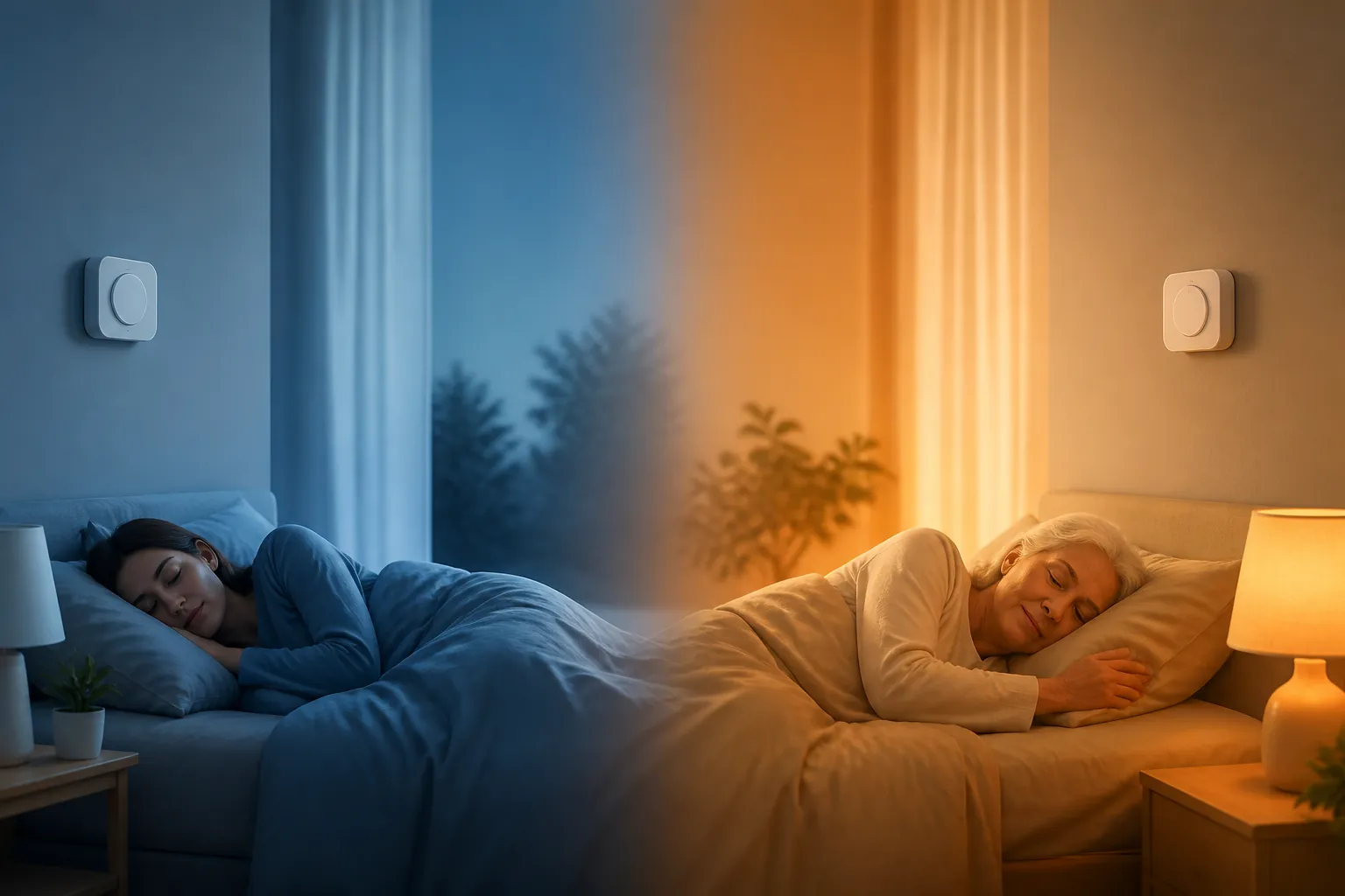 A split scene of a cooler blue bedroom and a warmer amber bedroom showing that comfortable sleep temperature can shift with age
