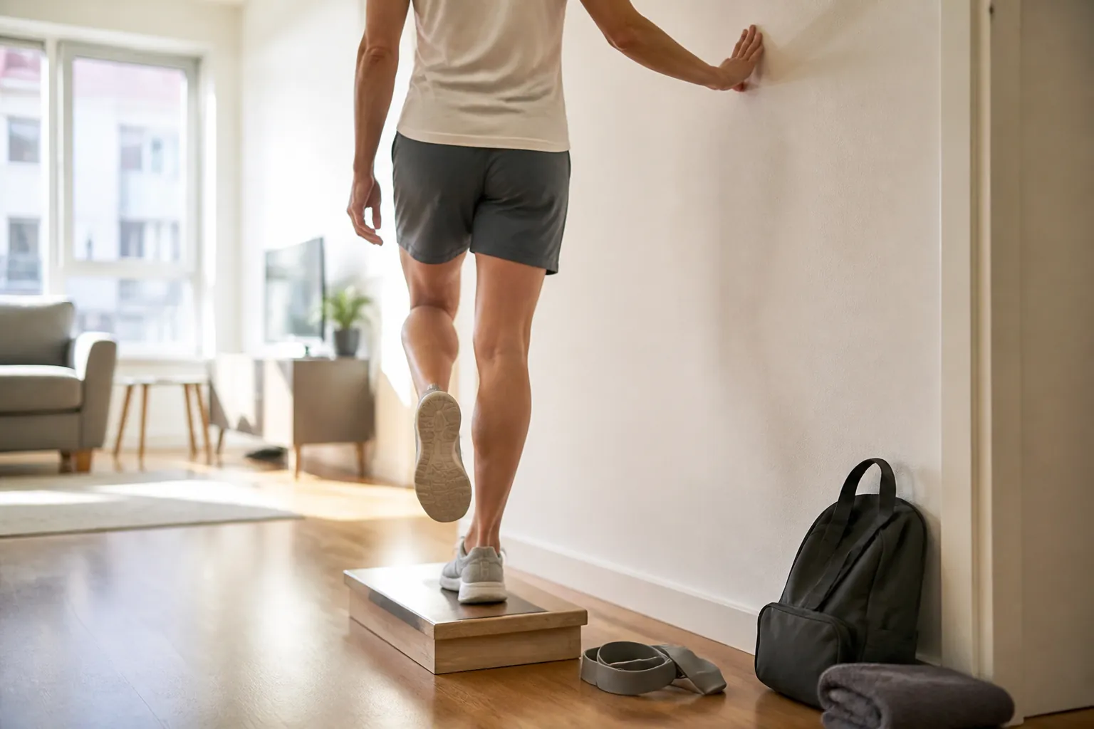 Person performing a careful single-leg calf raise on a step with wall support in a small apartment