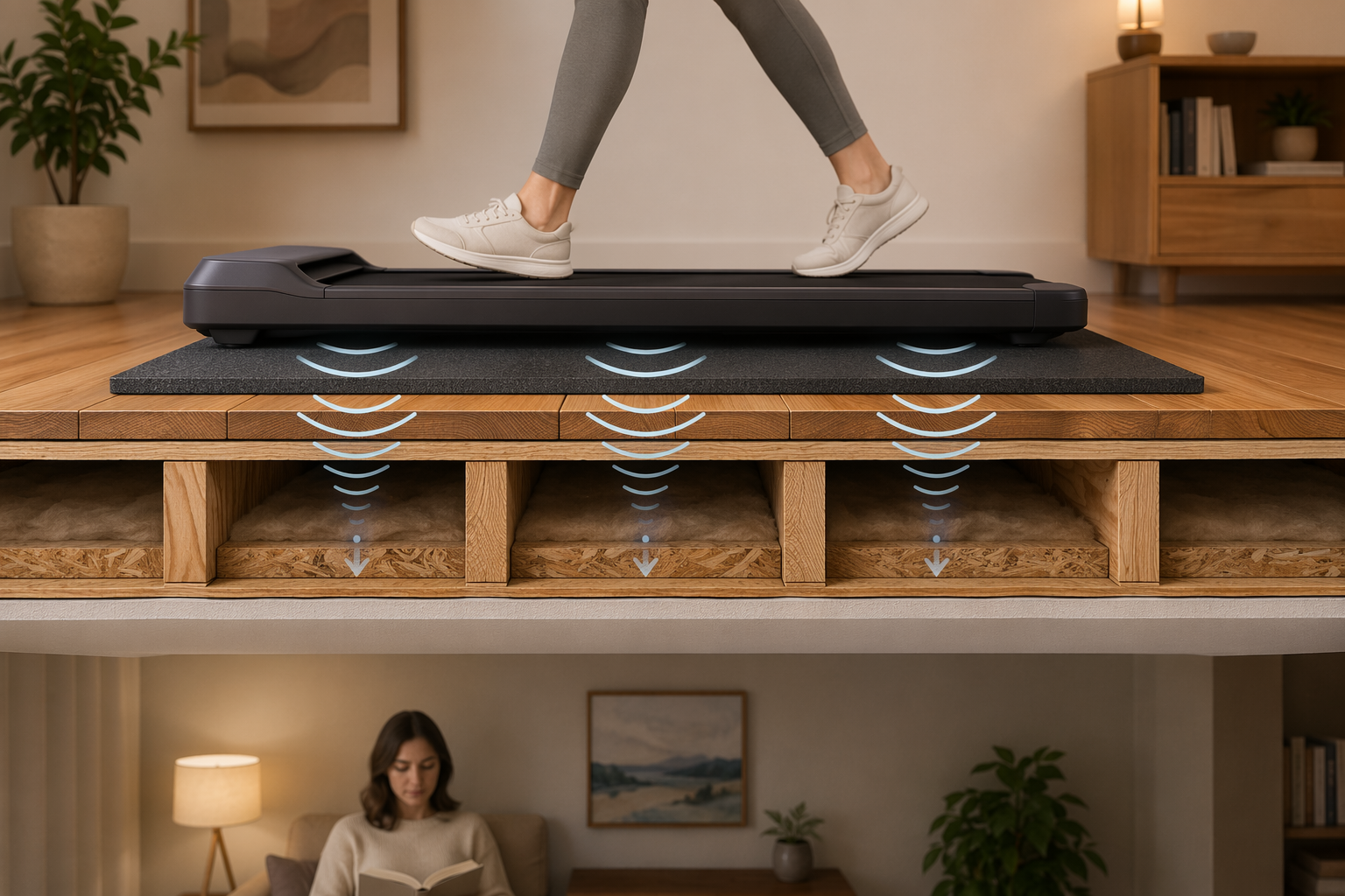 Cross-section illustration of a walking pad on a rubber mat reducing vibration through a hardwood apartment floor