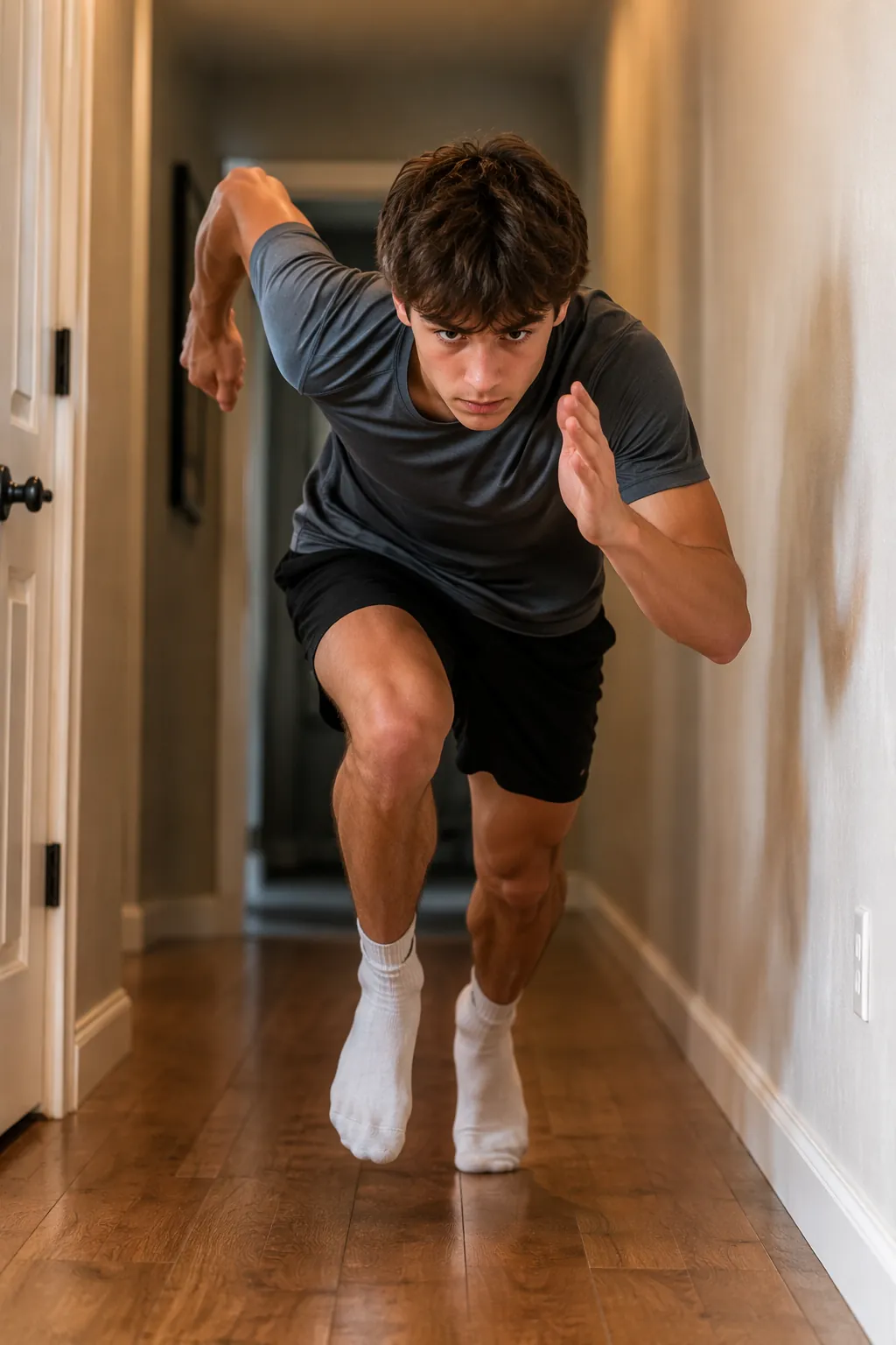 Teenage runner practicing an explosive acceleration start in a narrow home hallway