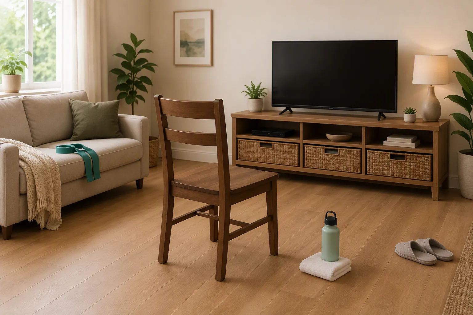 Small living room prepared for a follow-along workout with a sturdy chair, television, resistance band, water bottle, towel, and cleared floor