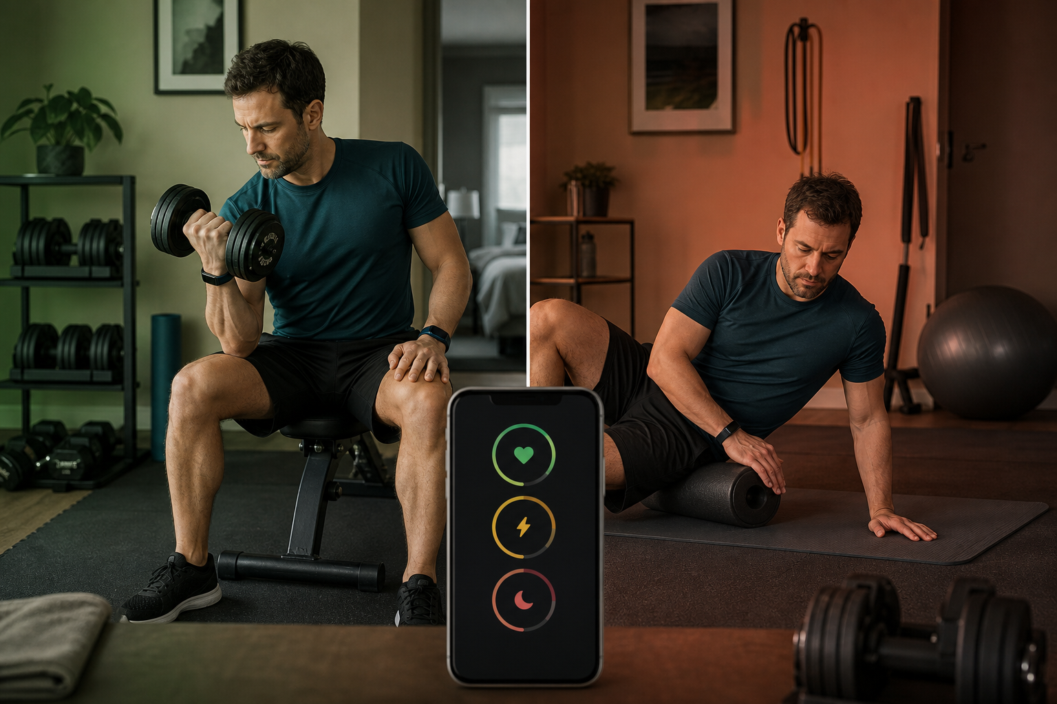 Split-screen editorial scene of a home fitness practitioner in a compact home gym with adjustable dumbbells and a yoga mat. On the left, the person is mid-workout doing a dumbbell curl with a soft green glow overlay suggesting recovery readiness. On the right, the same person is foam-rolling on a mat with a warm amber-red overlay suggesting recovery needed. A smartphone in the foreground shows a fitness app interface with three metric circles. The person wears a slim wrist band. Muted dark teal, slate, and warm amber color palette.