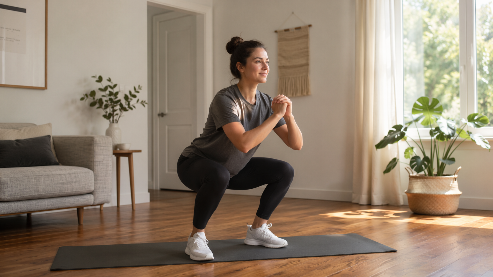 Beginner performing a bodyweight squat on a yoga mat in a bright living room