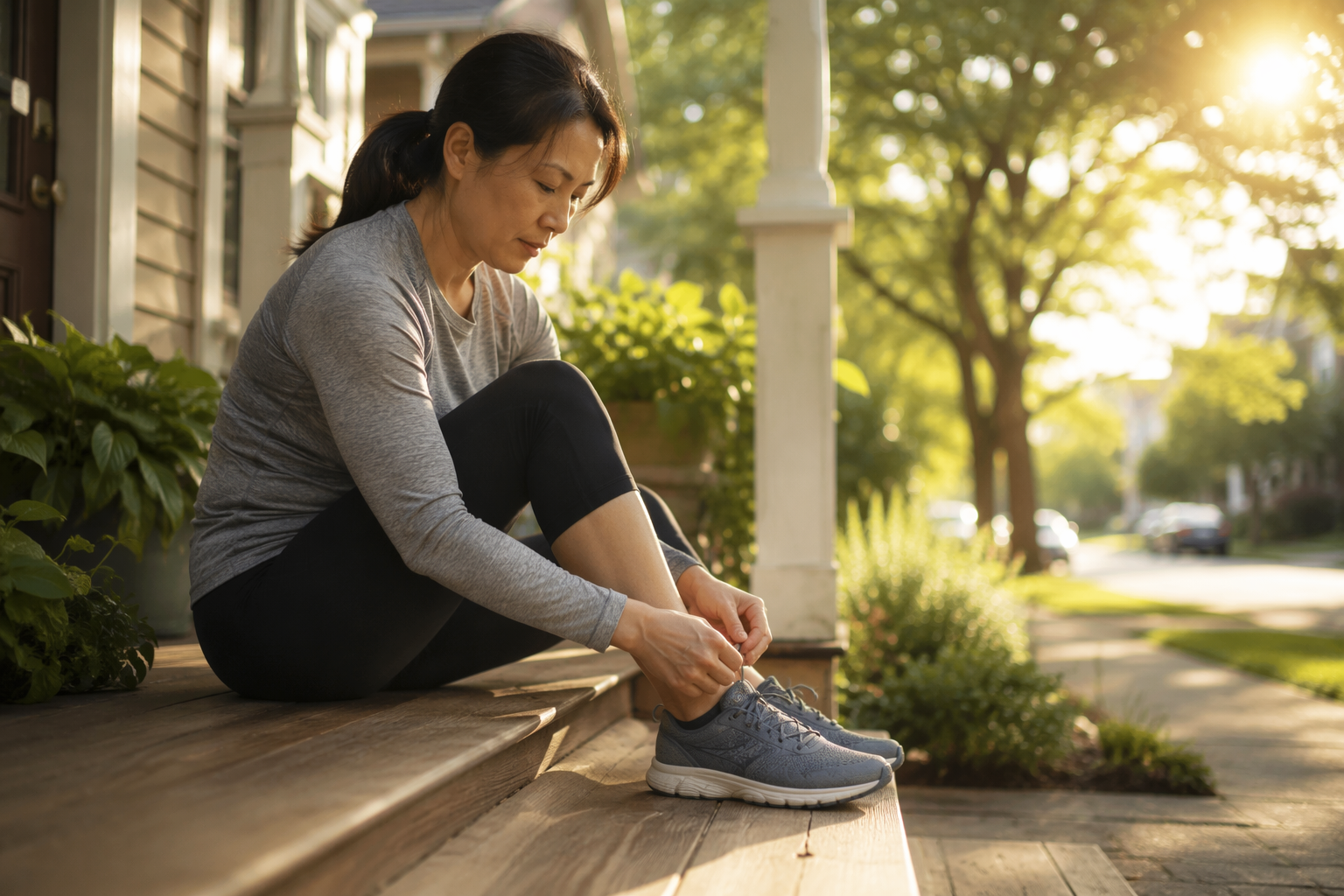 A woman tying her running shoes on a front porch in early morning light