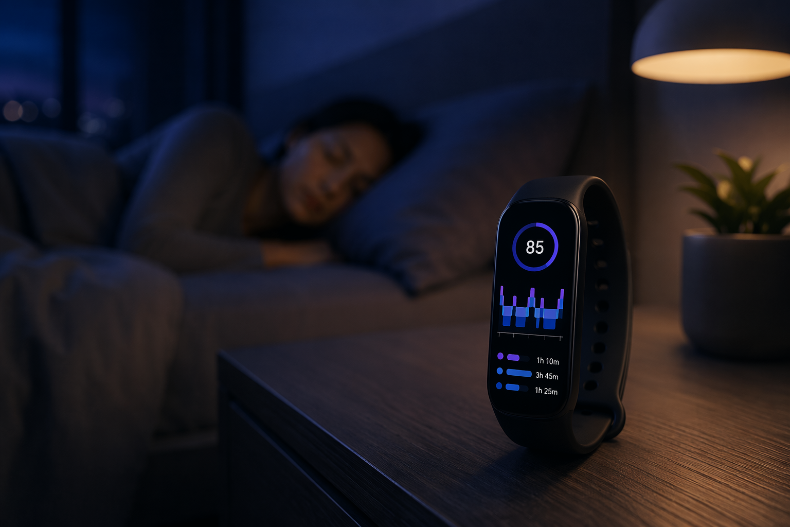 Fitness tracker on a nightstand beside a bed with abstract sleep-stage bands