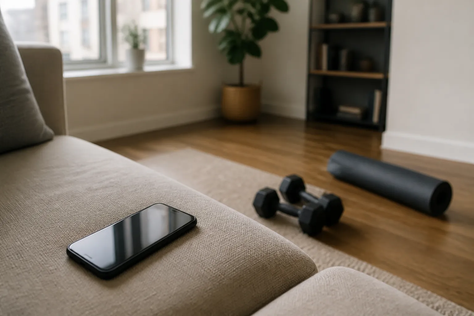 Smartphone lying on a couch while dumbbells and a yoga mat sit on the floor