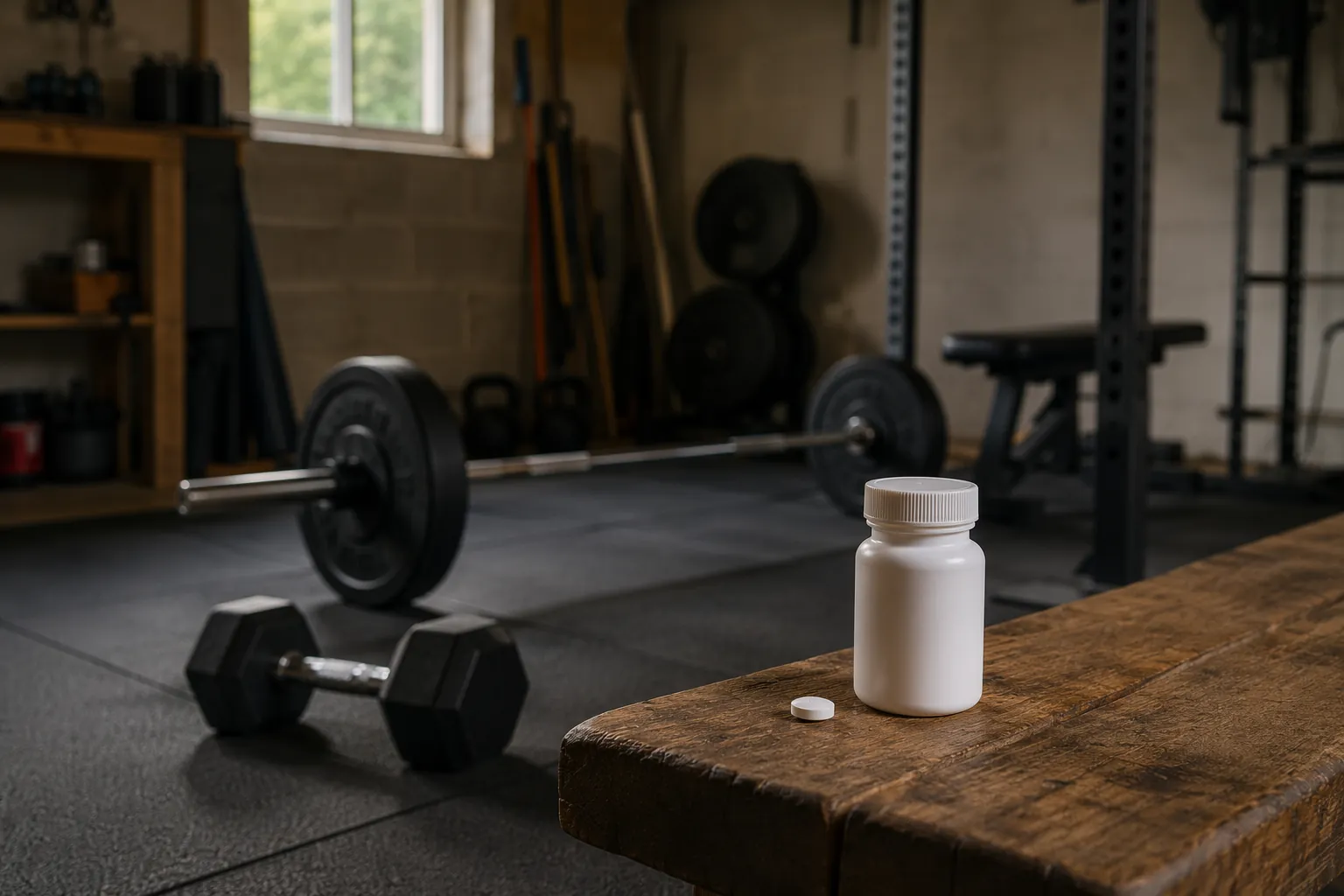 Home gym weights beside a pill bottle and tablet on a wooden bench