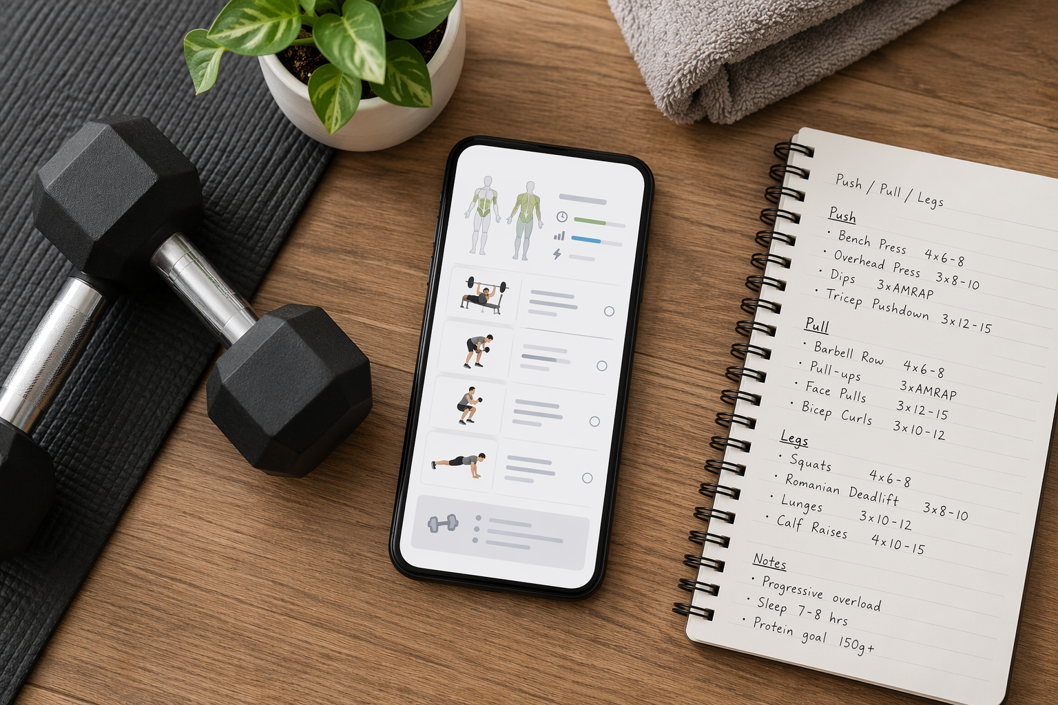 Smartphone with a workout app beside dumbbells and training notes on a home gym floor