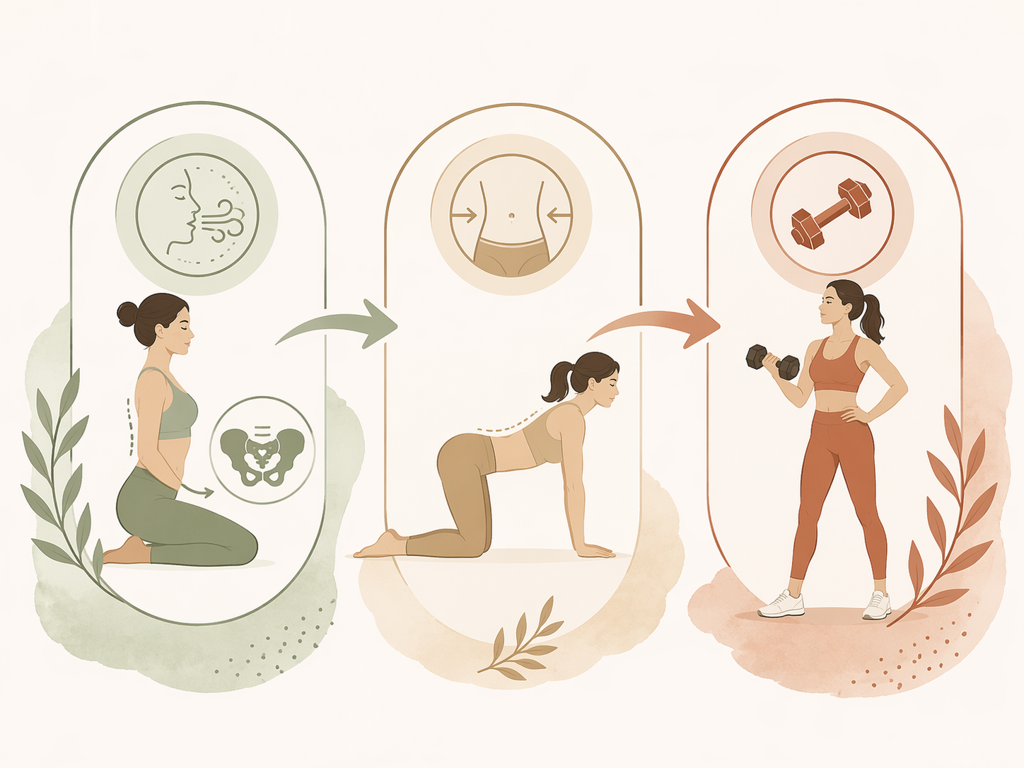 Three-phase postpartum exercise timeline from breathing to core activation to strength training