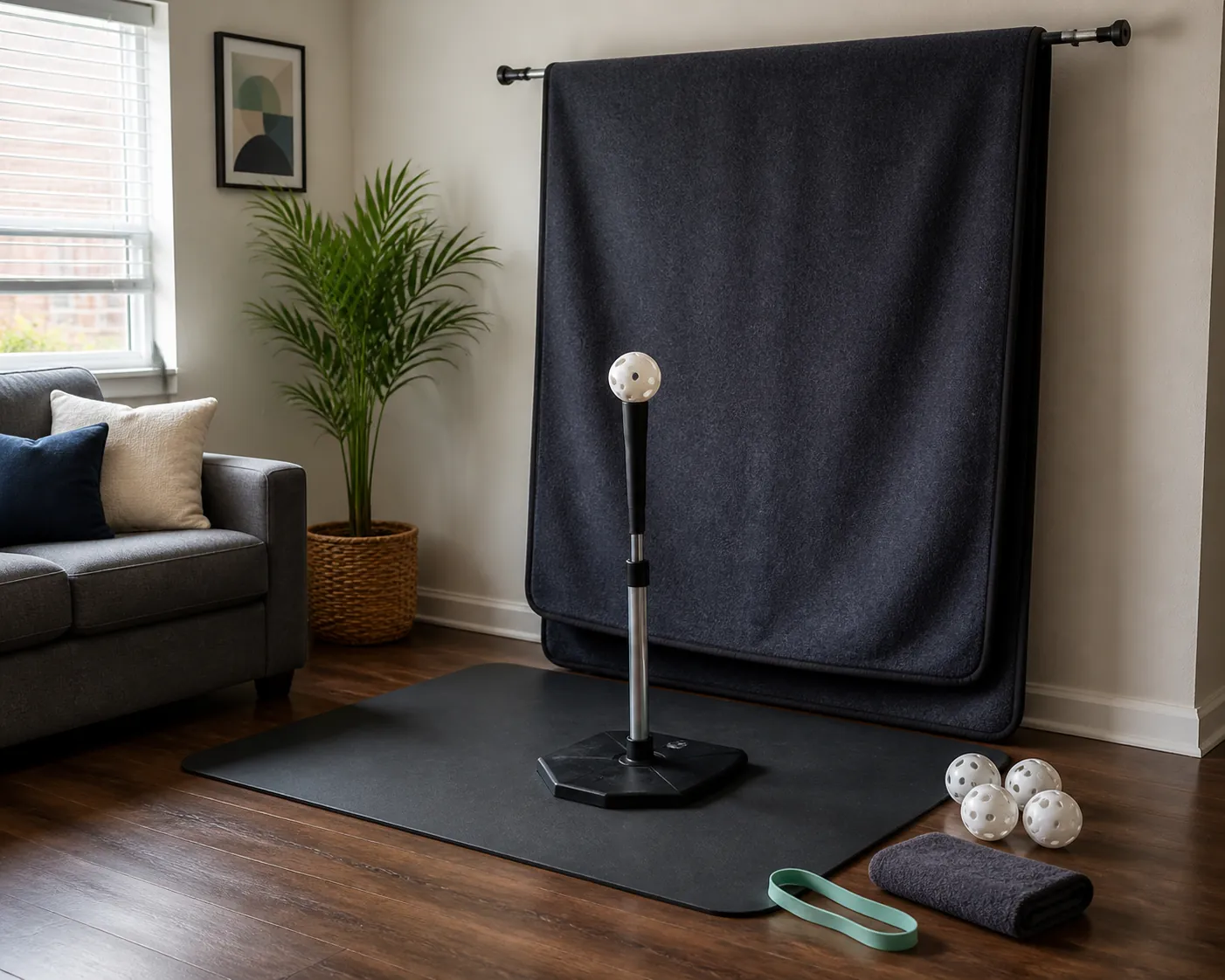 Compact apartment living-room corner set up with a batting tee, wiffle ball, blanket backstop, floor mat, foam balls, towel, and resistance band