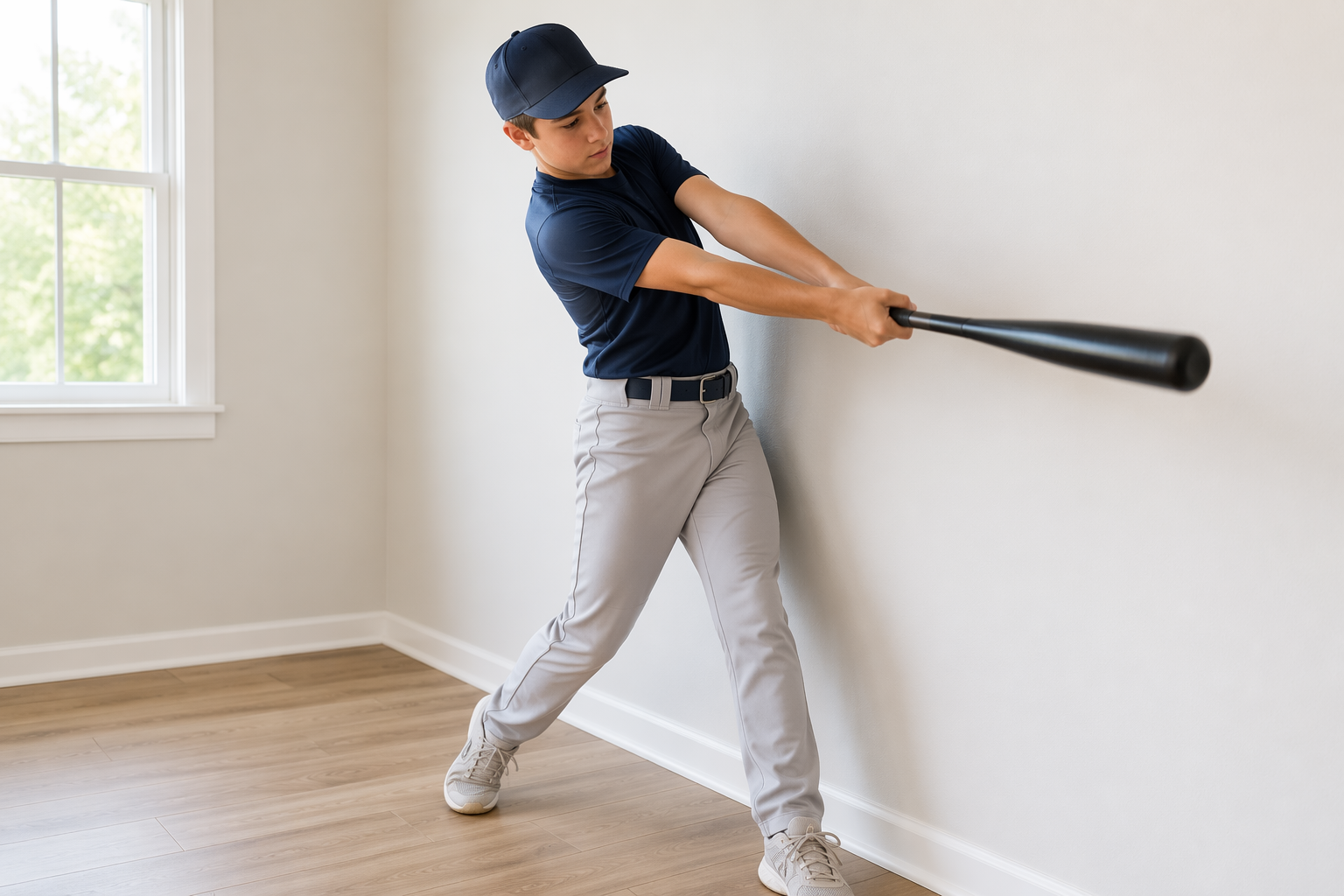 Player setting the back hip a few inches from a wall for a baseball swing wall drill