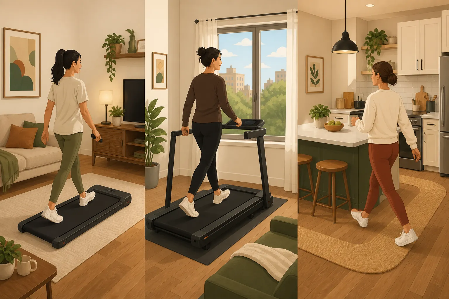Three at-home walking setups: walking pad, treadmill, and apartment loop