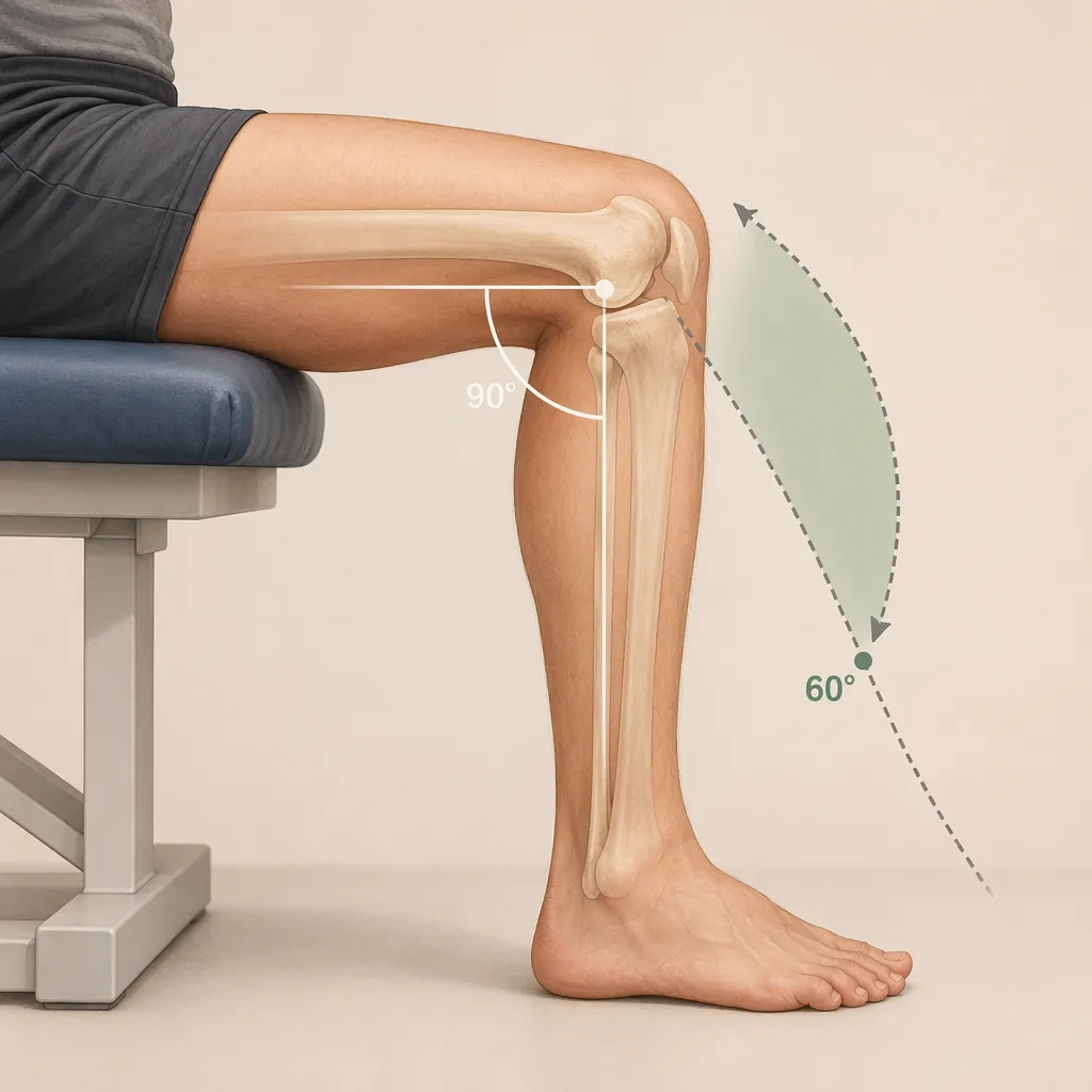 Illustration of the 90 to 60 degree knee flexion range for seated isometric leg extension