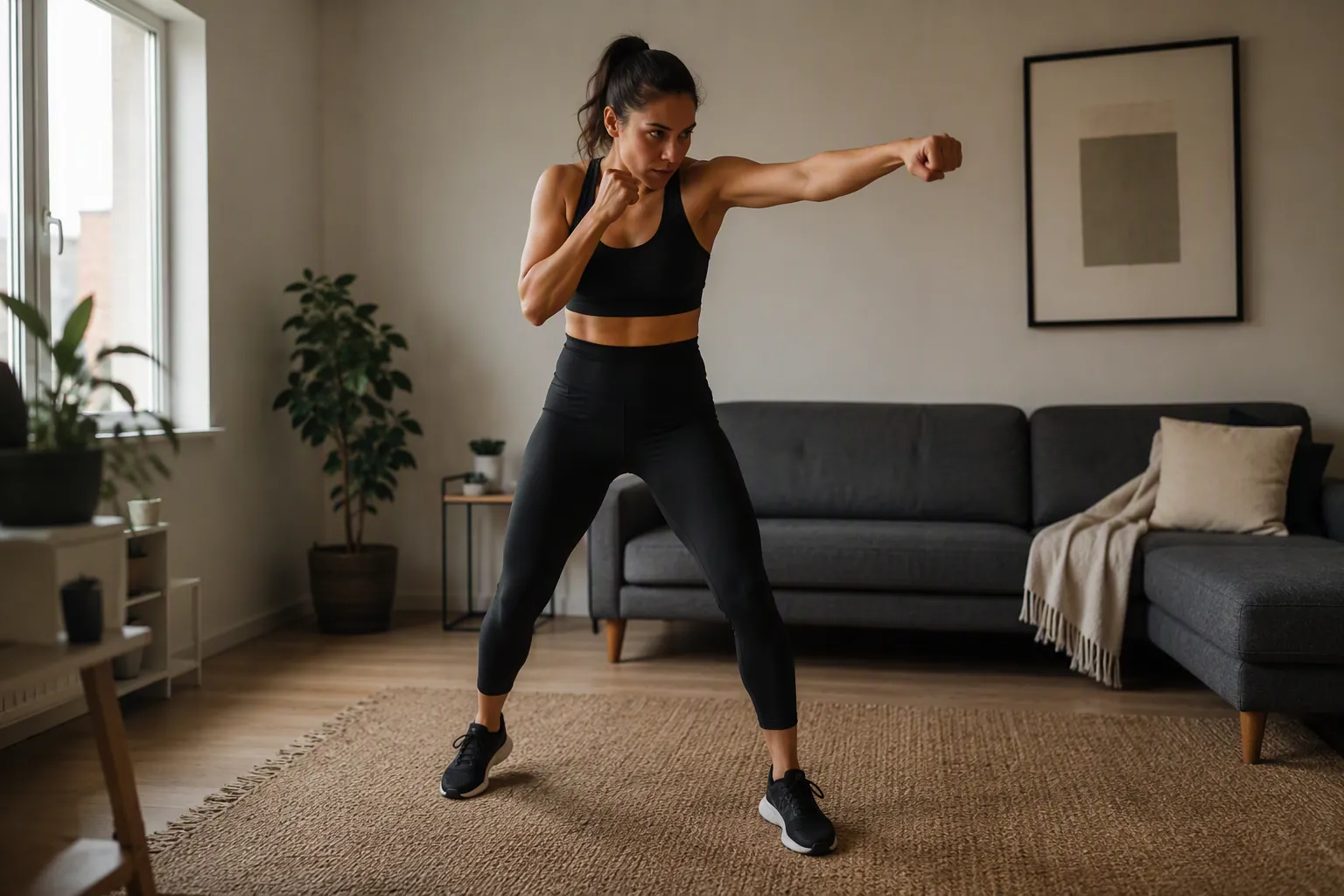 A person shadowboxing in a sunlit living room with no equipment