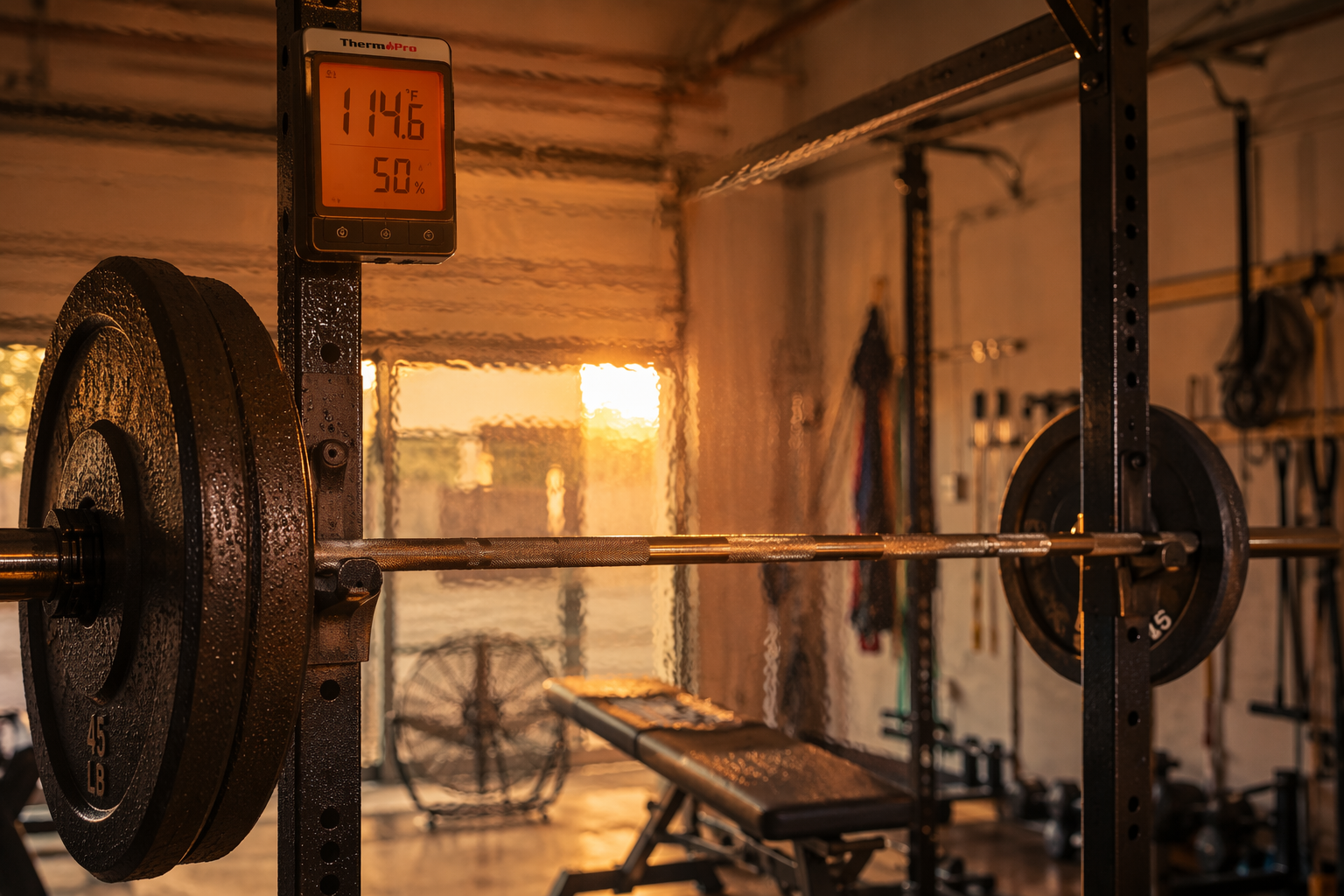 Garage home gym with a loaded barbell, visible heat distortion, and a thermometer showing extreme heat