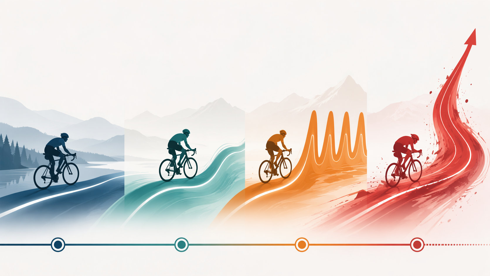Abstract flowing curves representing a progression from steady effort to higher intensity and race-pace effort.