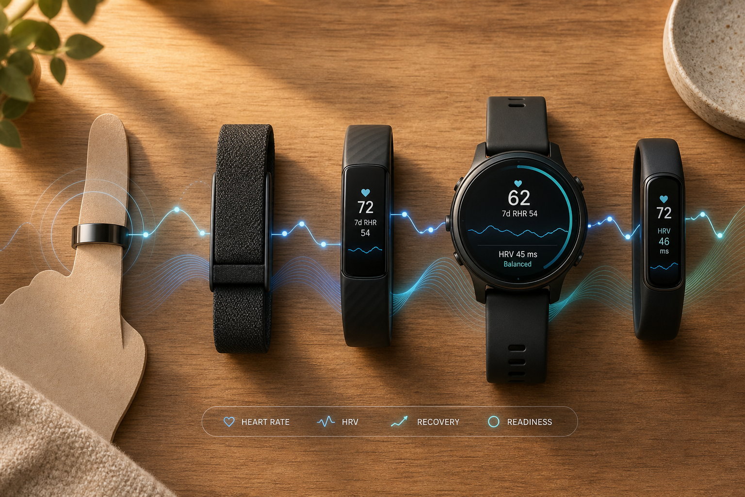 Flat-lay on a warm wooden surface showing five fitness tracker form factors connected by glowing blue and teal data waveform lines suggesting HRV and recovery metrics.
