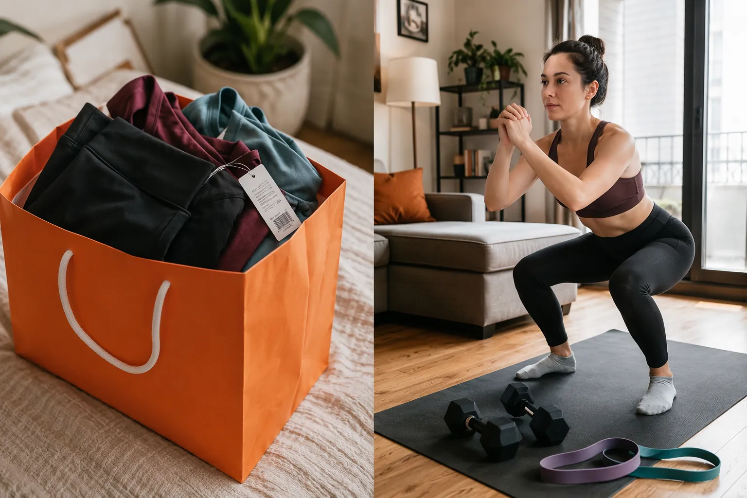 Marshalls shopping bag with folded workout leggings beside a woman squatting in an apartment home gym