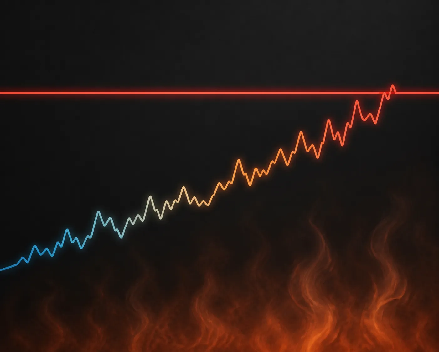 A heart-rate trace climbing from blue to orange to red with a stop bar across the upper trace