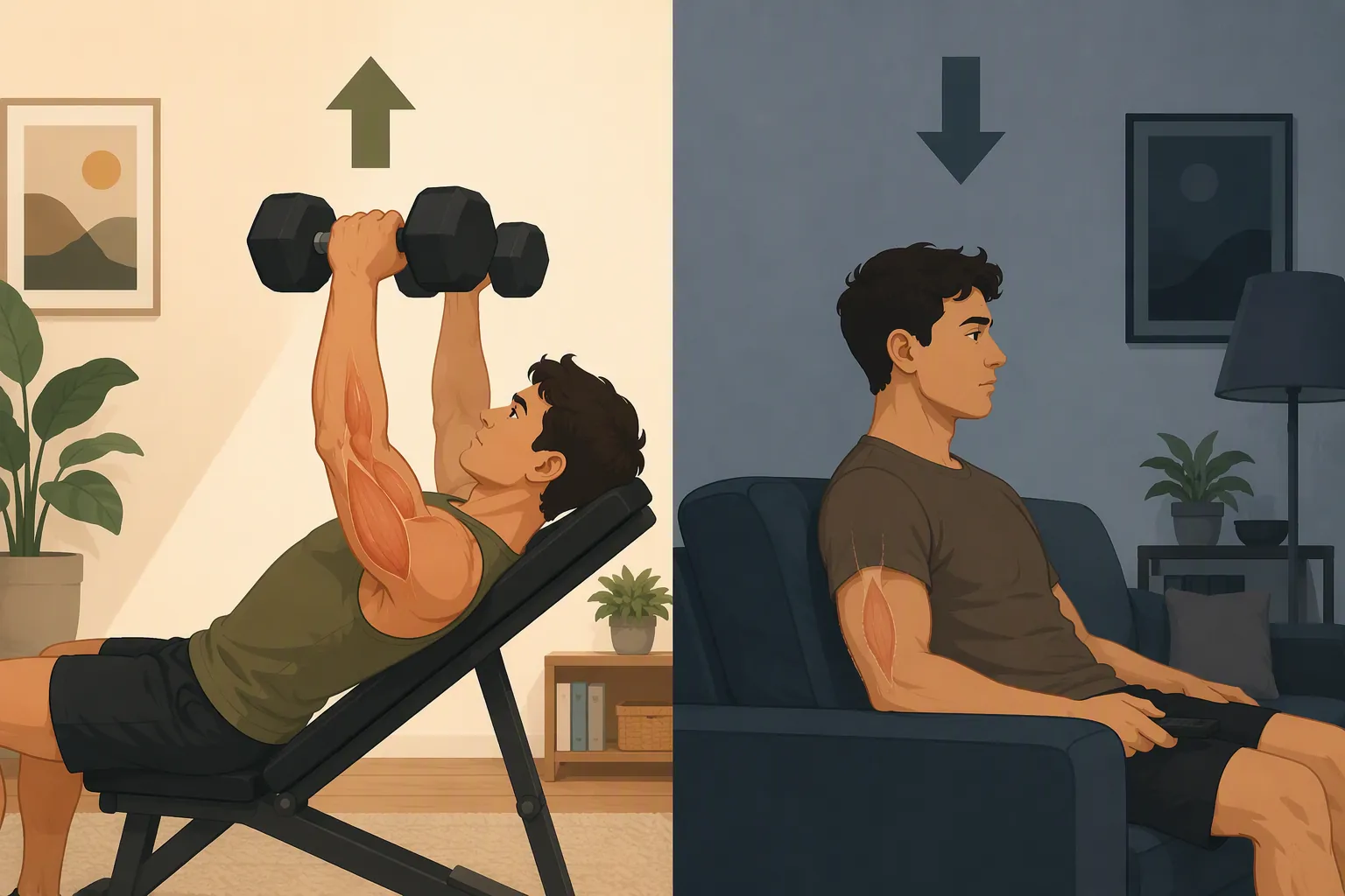Split comparison illustration contrasting a trained person preserving muscle with an untrained person losing muscle