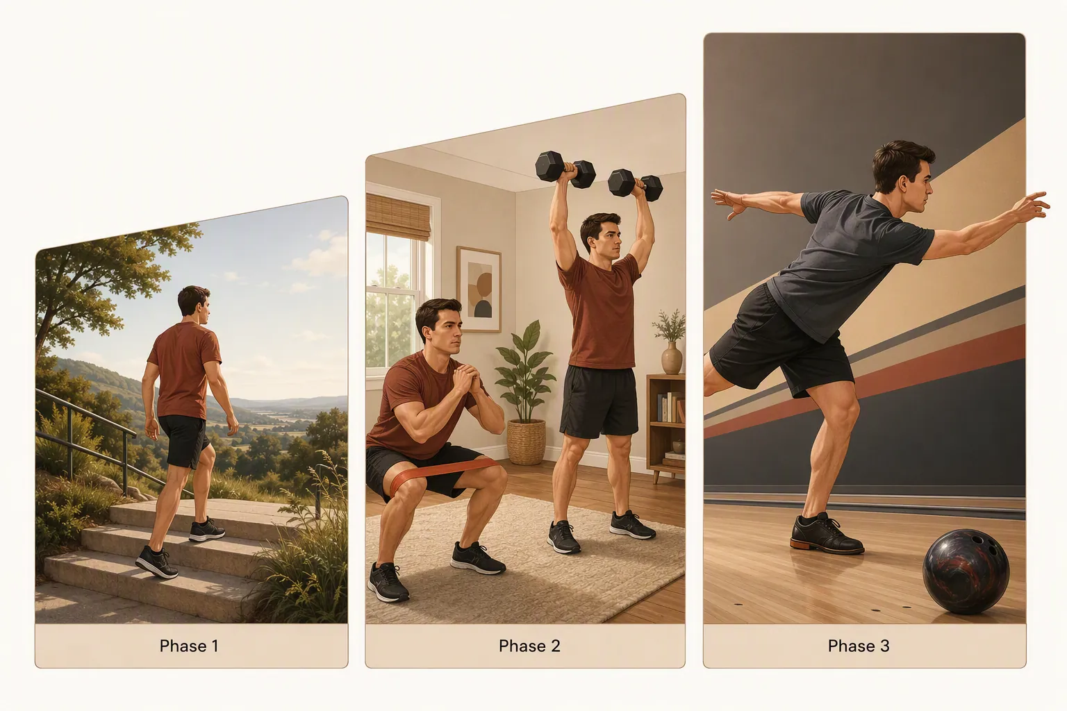 Three-panel comeback program showing walking and stairs, home strength training, and single-leg bowling balance
