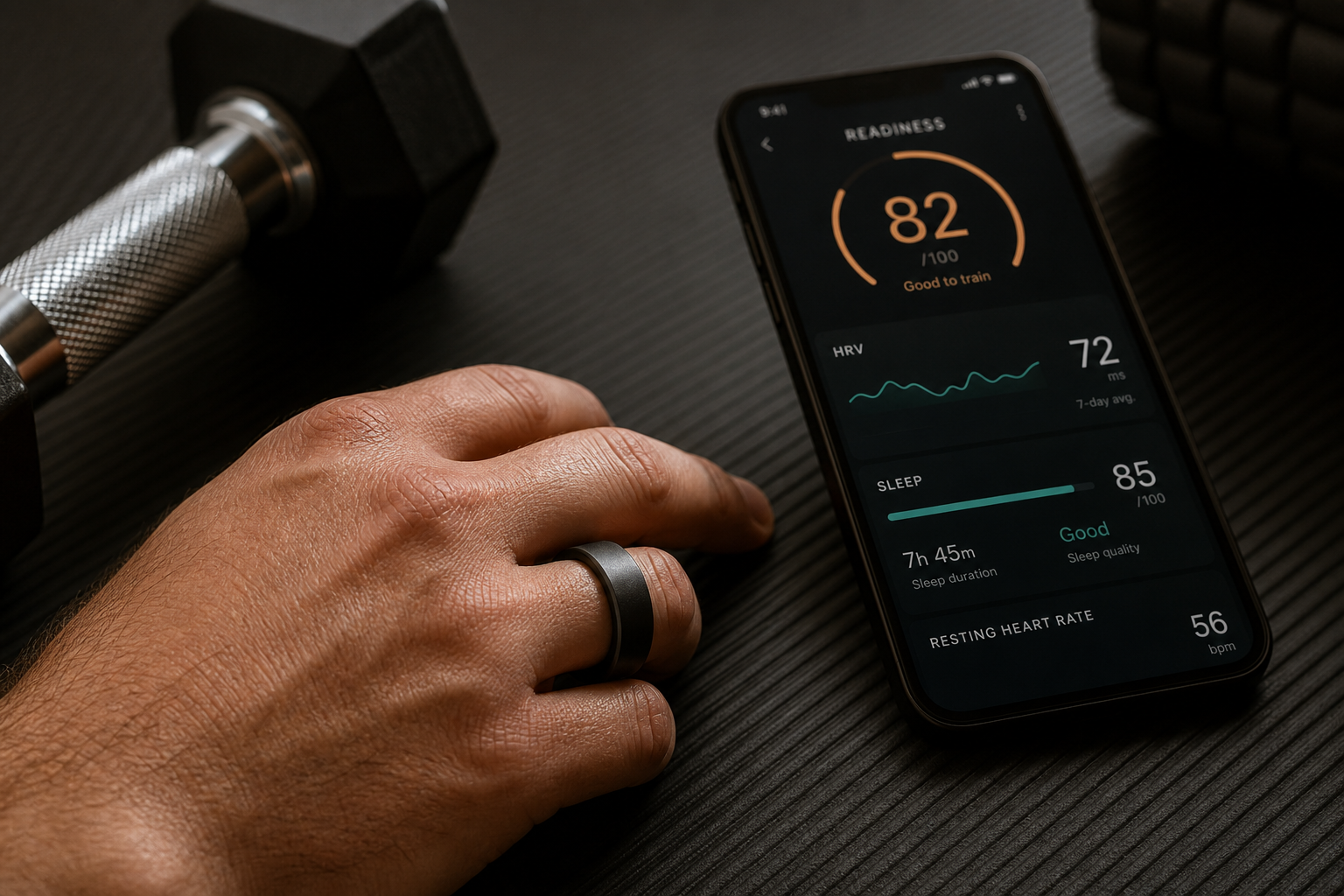 A finger wearing a dark titanium smart ring rests on a black gym mat beside a metallic dumbbell. In the soft-focus background, a smartphone screen displays a readiness score dashboard with amber and teal glowing interface elements showing HRV, sleep score, and a 0-100 readiness metric.