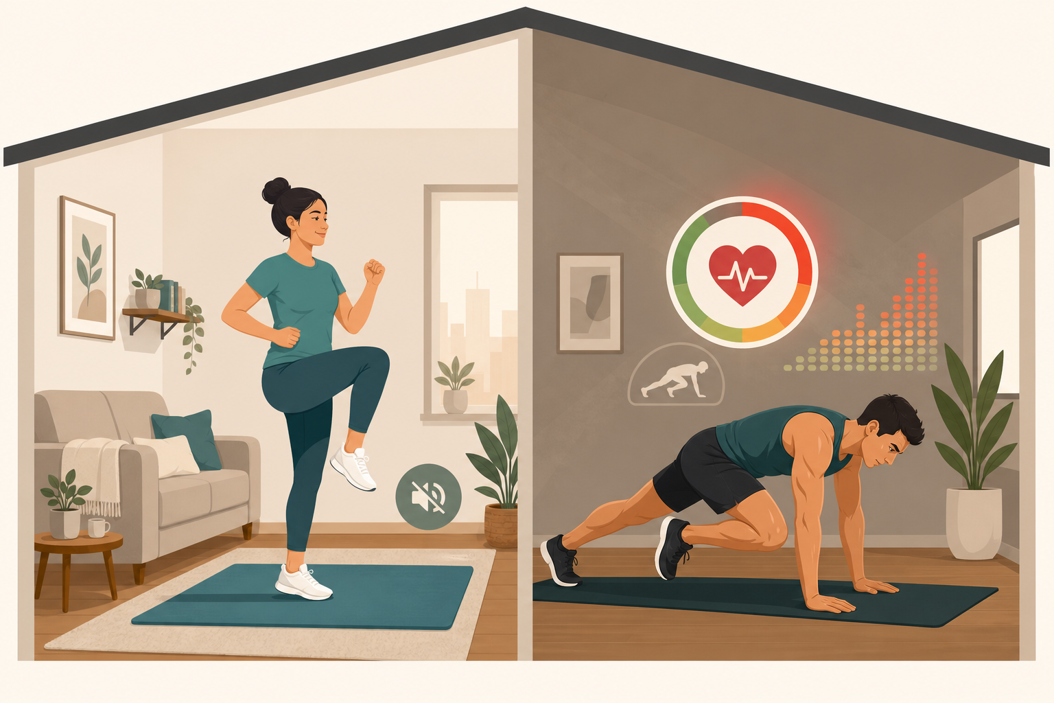 Split-view illustration of home cardio: quiet marching in a small apartment versus intense mountain climbers with a heart rate overlay.
