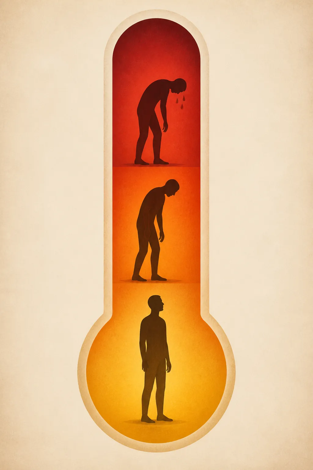 Illustration of escalating heat illness from standing to leaning to collapsed silhouettes