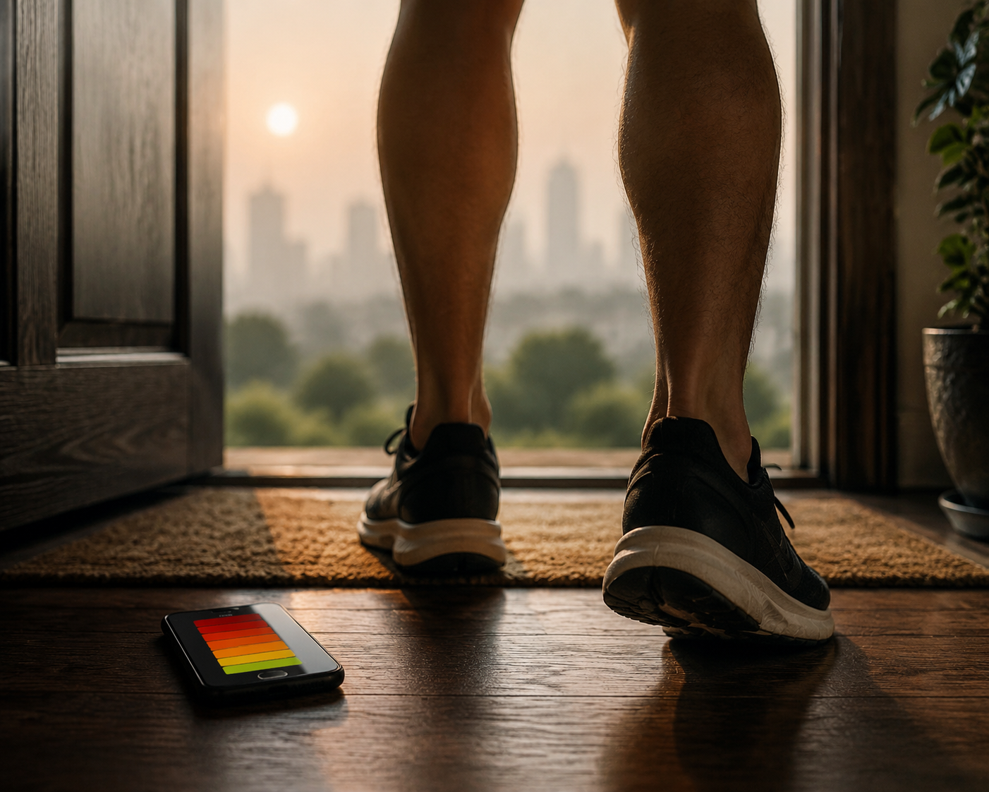 Runner standing at a front door with a phone showing an AQI color scale
