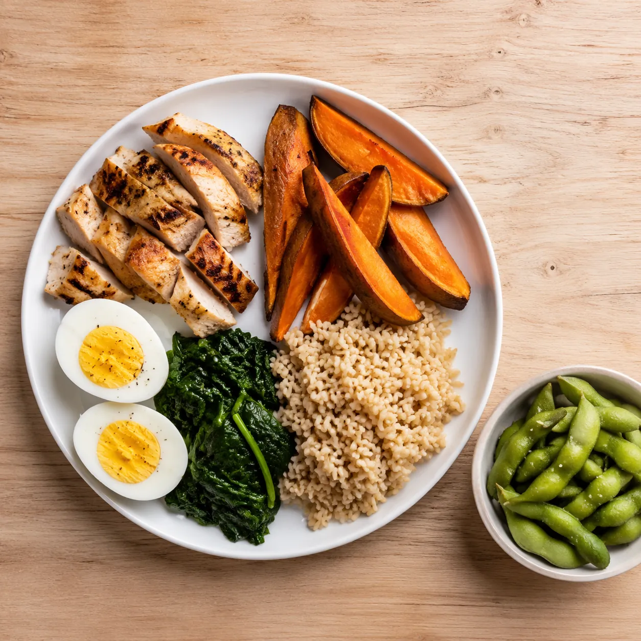 Recovery plate with grilled chicken, sweet potatoes, brown rice, boiled eggs, leafy greens, and salted edamame