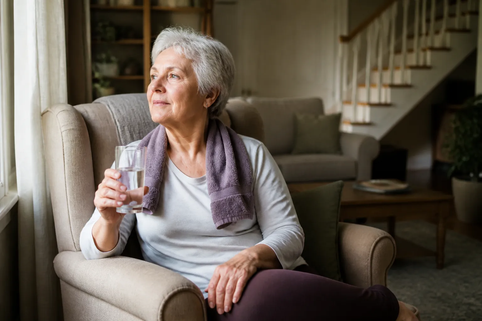 Older woman seated with water after exercise during a quiet recovery period