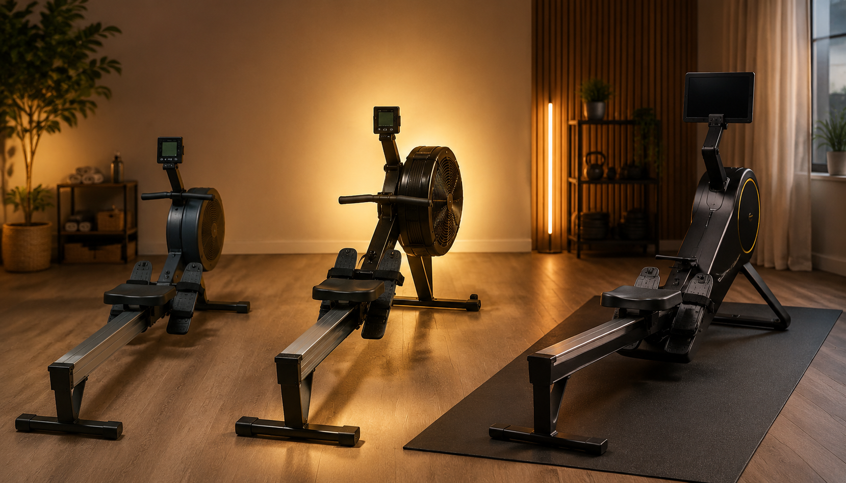 Three indoor rowing machines arranged from budget to commercial-grade to premium smart rower, with the middle rower highlighted as the value choice