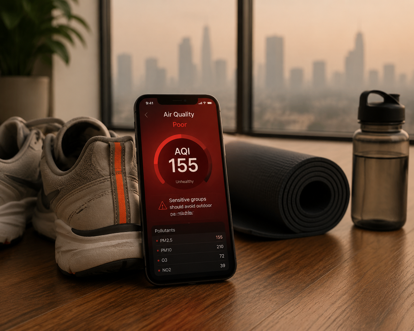 Smartphone showing a red AQI 155 air quality alert beside sneakers and an exercise mat