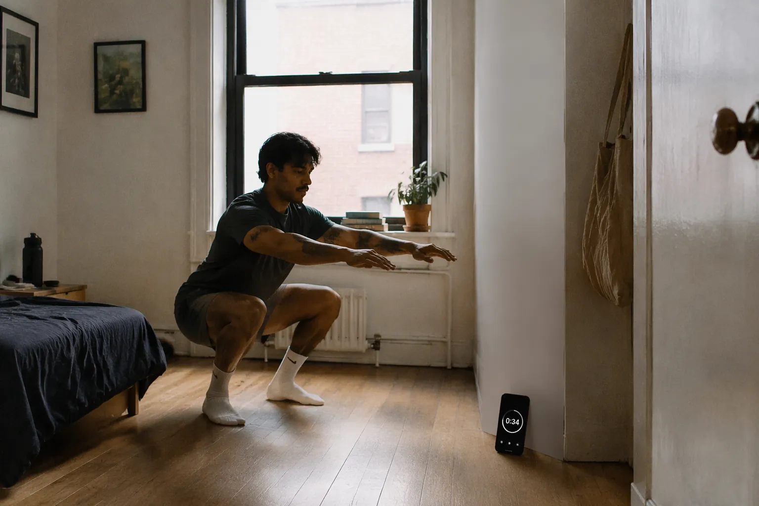 Person performing a bodyweight squat in a small apartment with a phone round timer on the floor
