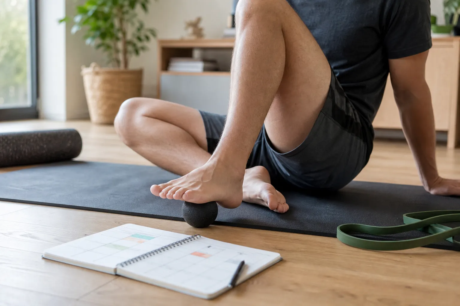 Person stretching the foot and ankle with a massage ball beside a notebook in a home gym