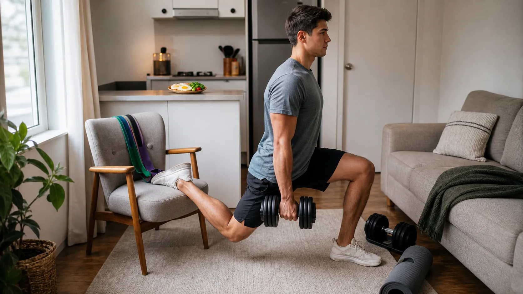 Person doing a dumbbell split squat in a small apartment living room with bands, a mat, and a simple meal nearby