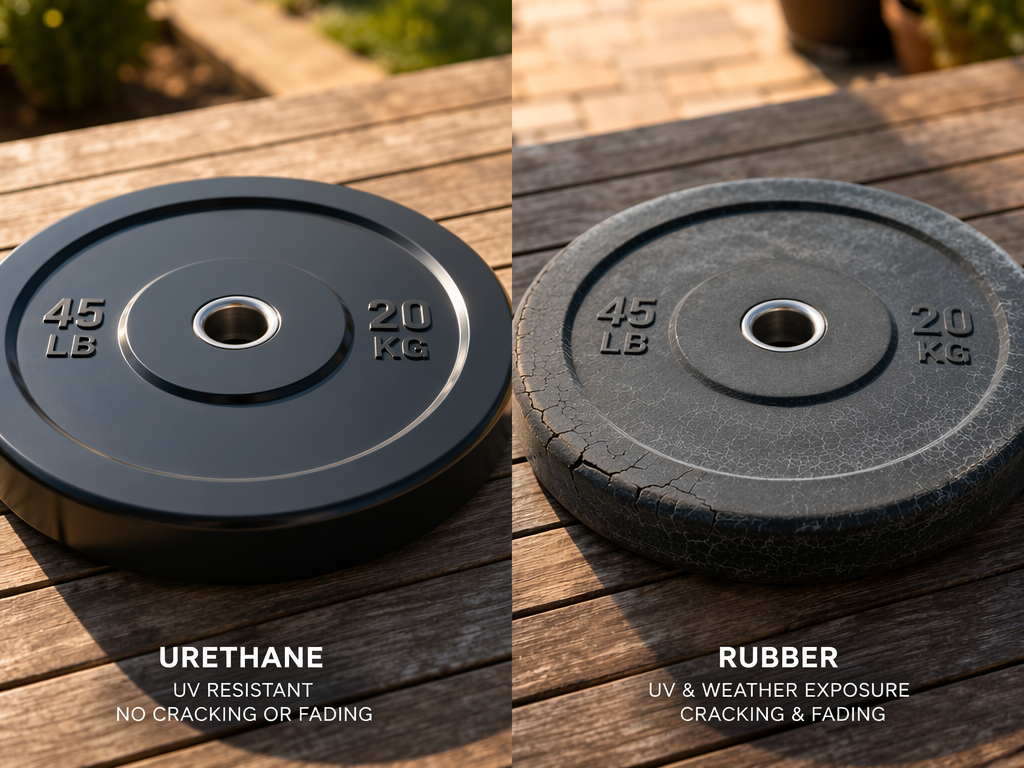 Side-by-side comparison of two weight plates on a wooden deck: a smooth glossy urethane-coated plate on the left and a rubber bumper plate on the right showing surface checking, fading, and minor edge cracking from UV and temperature exposure.
