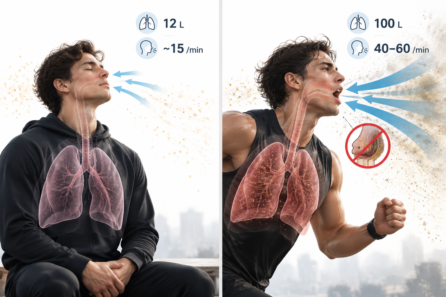 Illustration comparing resting breathing with heavy exercise breathing and more particles entering through the mouth