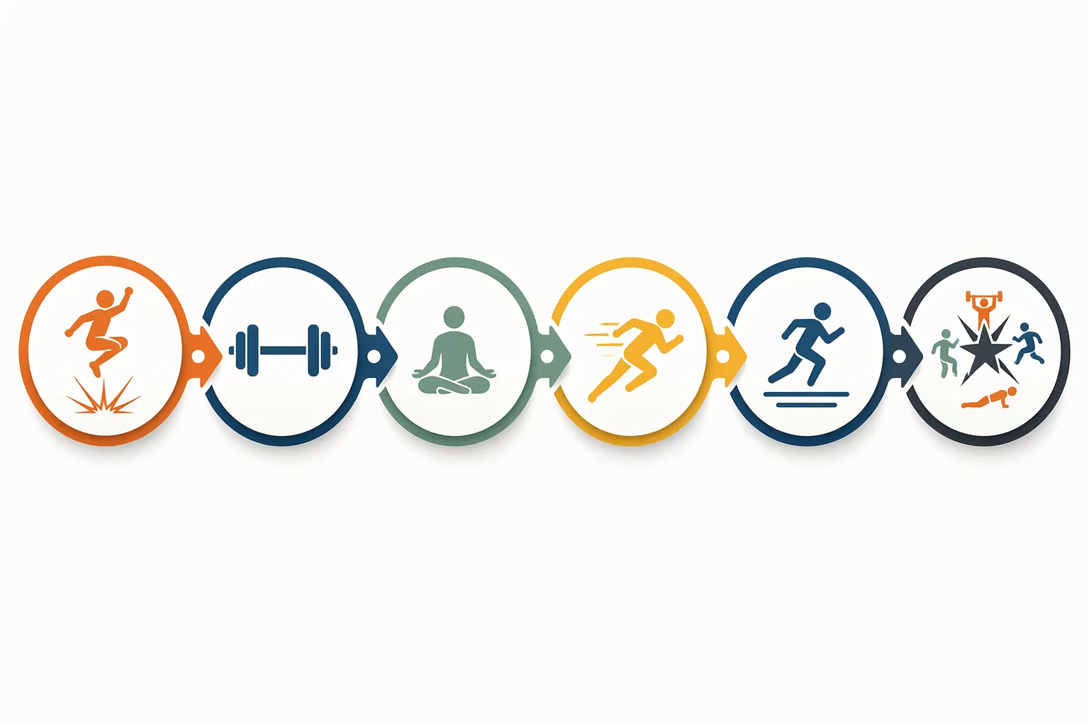 Six-part training flow showing power, strength, recovery, speed, endurance, and athletic circuit