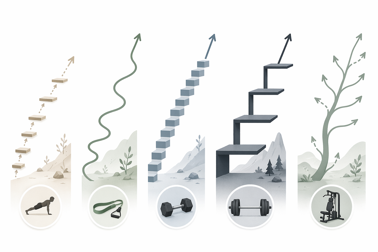 Five different progression paths representing bodyweight, band, dumbbell, barbell, and all-in-one machine training