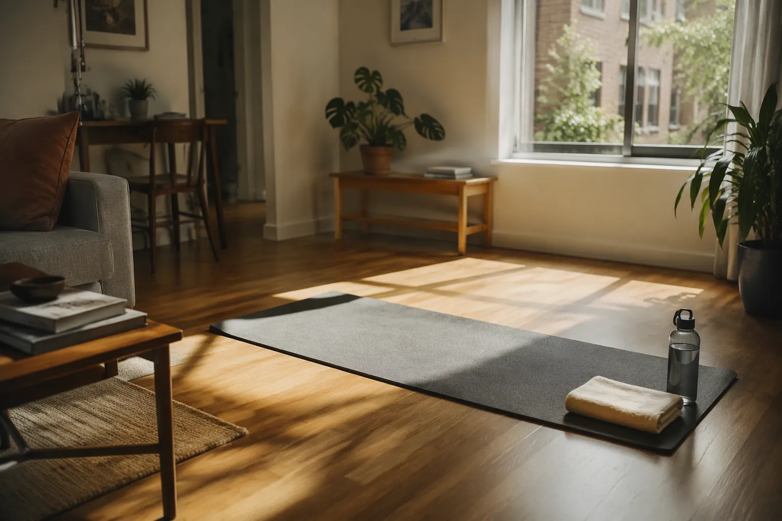 Sunlit small apartment living room with a yoga mat, towel, and water bottle but no gym machines