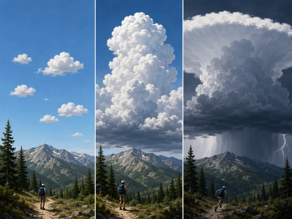 Three panels show cumulus clouds growing into towering cumulus and then a cumulonimbus thundercloud over a mountain treeline