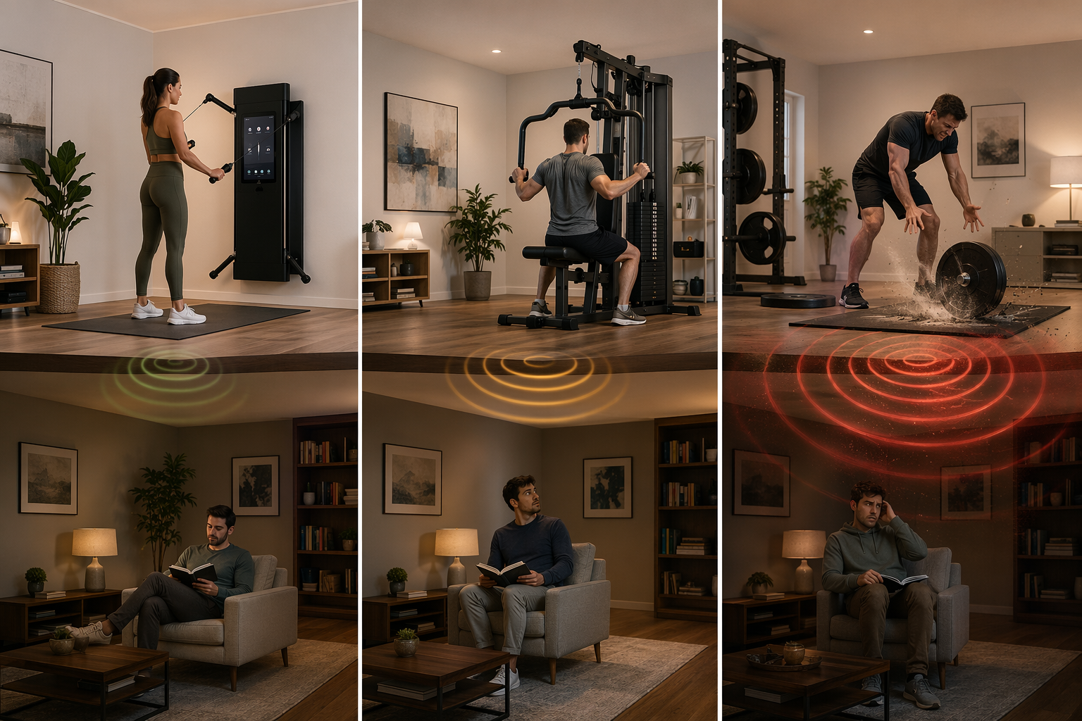 Three apartment noise scenarios comparing quiet digital resistance, moderate weight stack noise, and loud plate drops